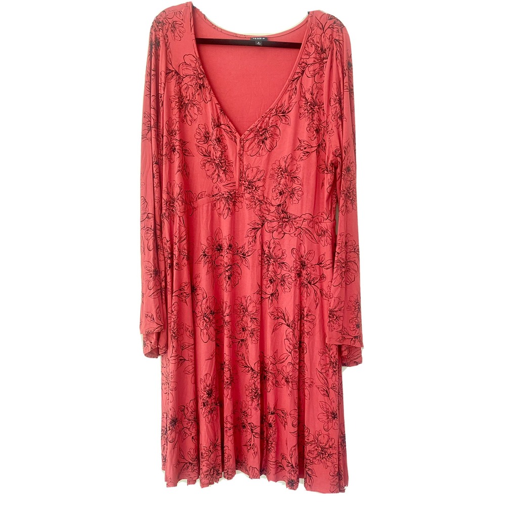Torrid Dress Cotton Coral Pink W Flowers Plus Size 2X Long Sleeve Stretchy